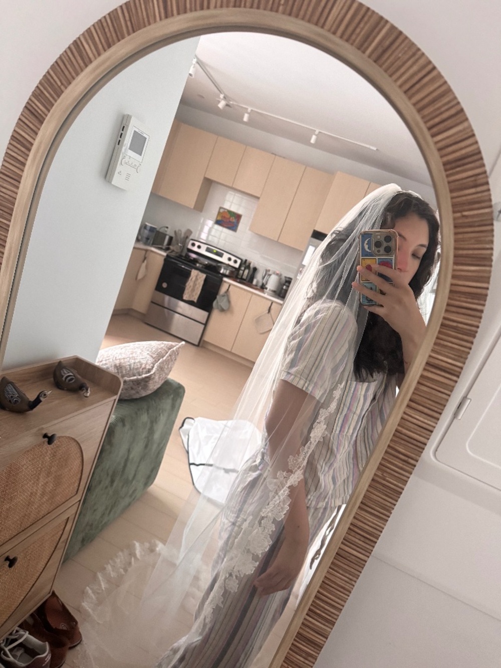 White Cathedral Length Wedding Veil with Floral Lace and Rhinestones